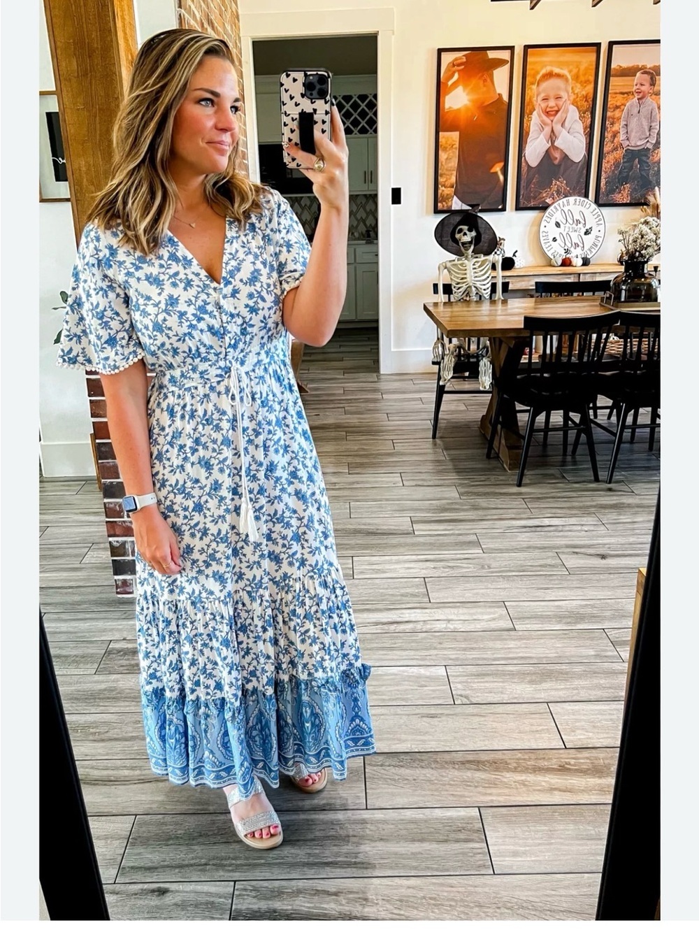 NWT R.Vivimos Women blue white floral Print Deep V Neck Beach Dress Sz Lg 12-14
